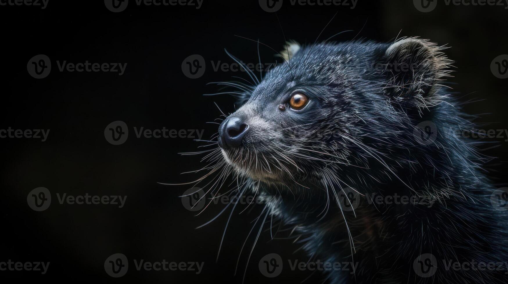 A close-up shot of a carnivorous predator staring into the camera with its eyes wide open. photo