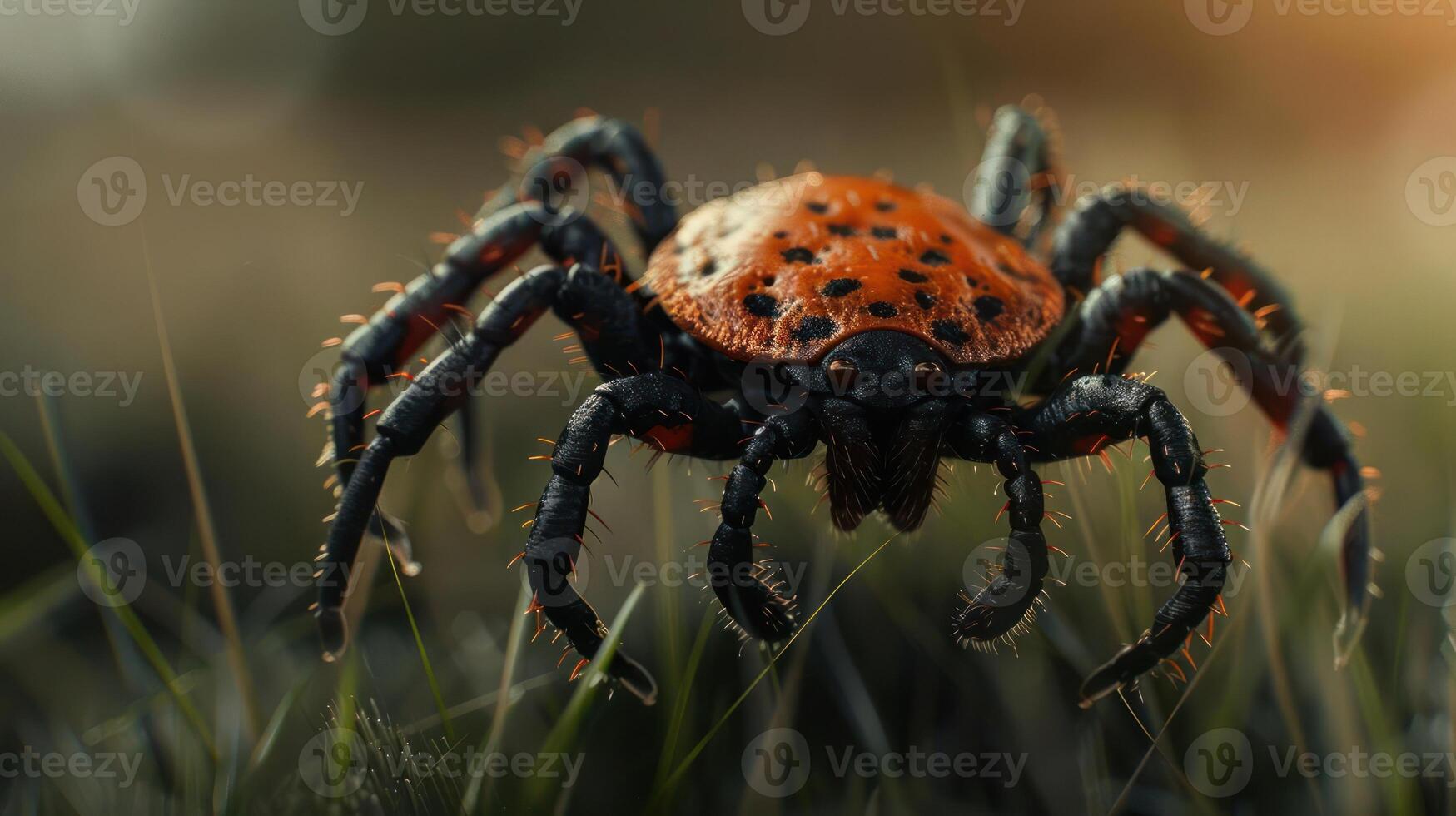 A close-up photo of a vibrant red spider with many eyes.