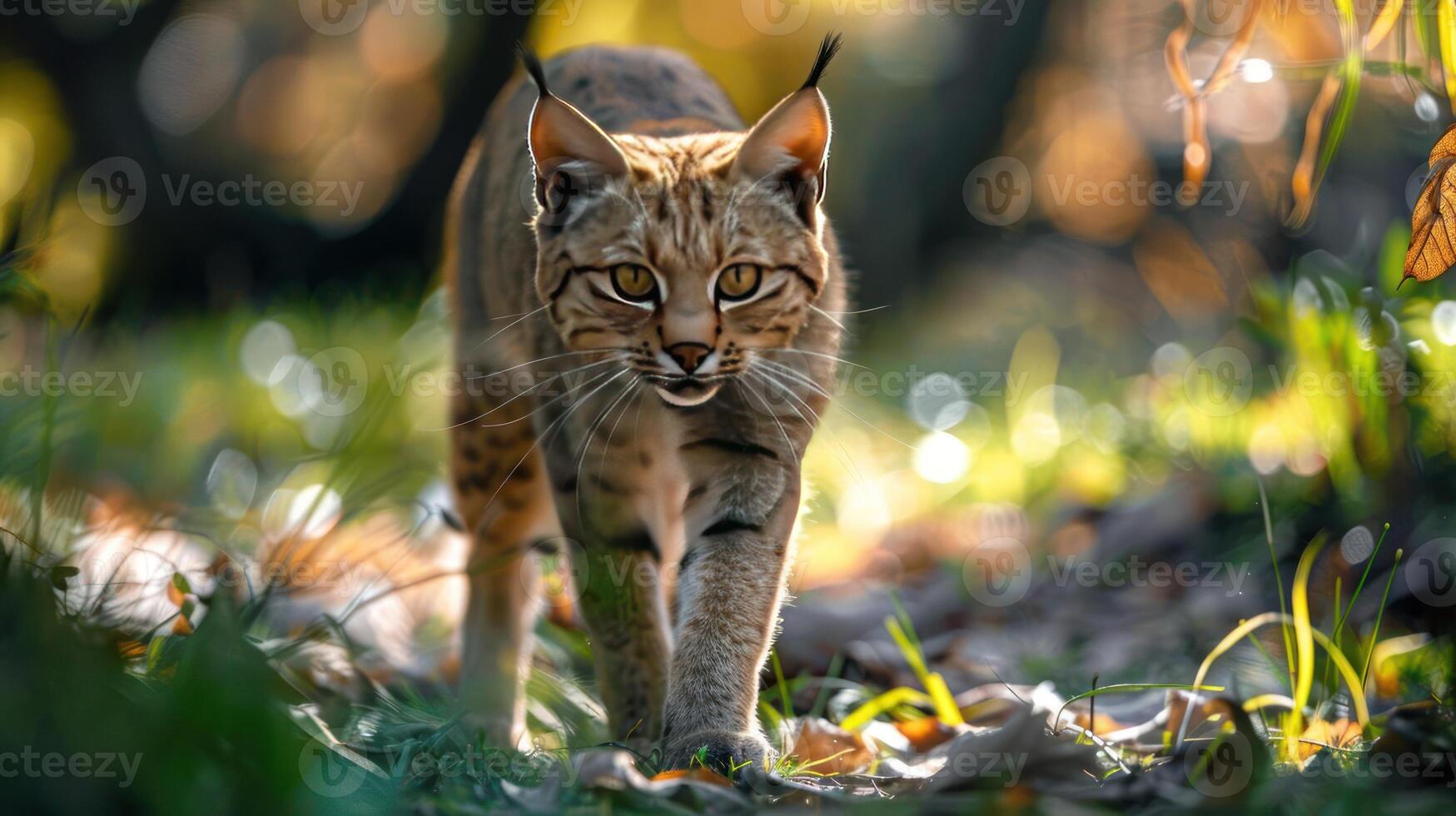 A beautiful tabby cat walking through a forest. photo