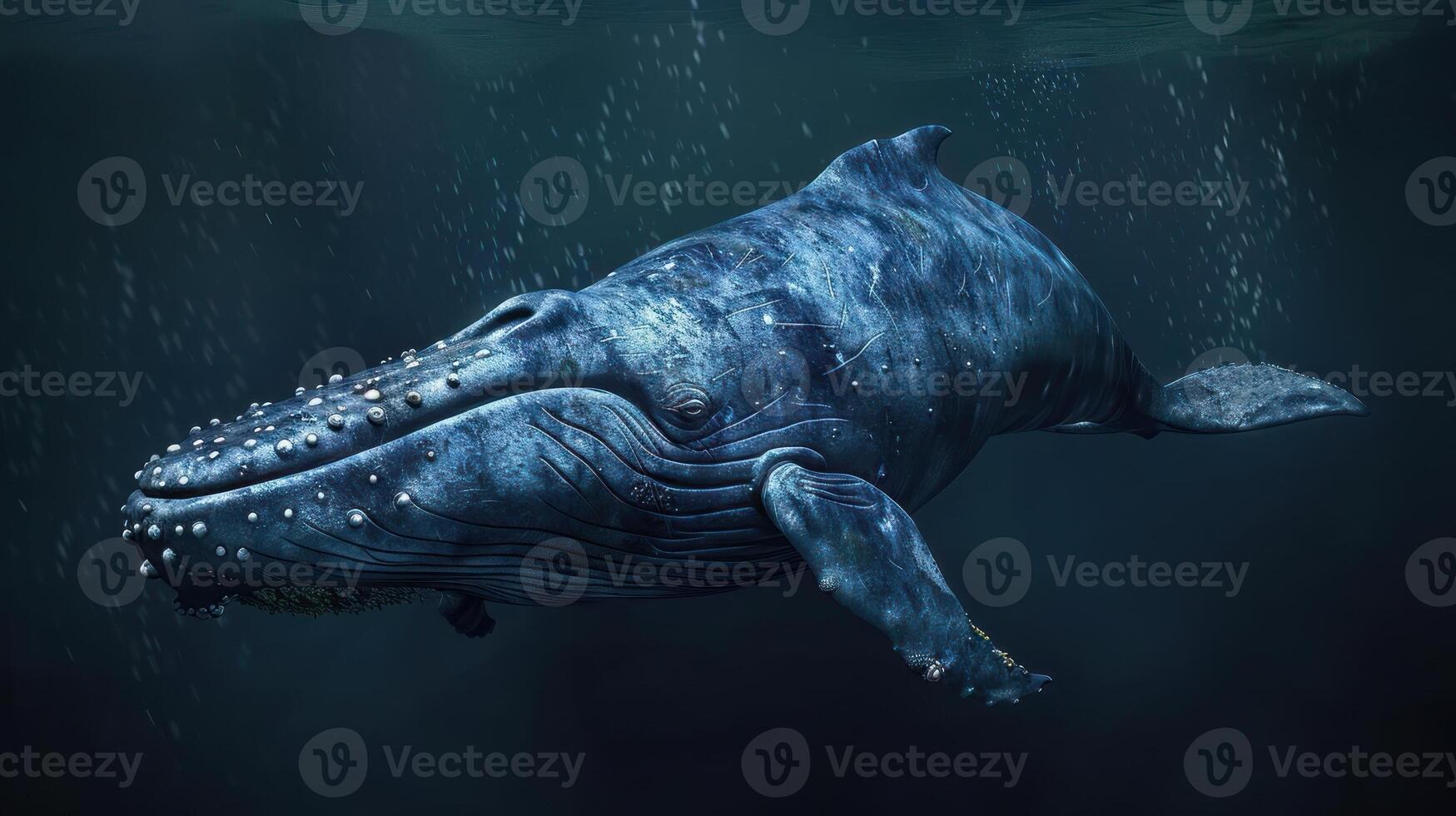 A majestic whale and its calf swimming underwater near a sunlit surface, with bubbles surrounding them. photo
