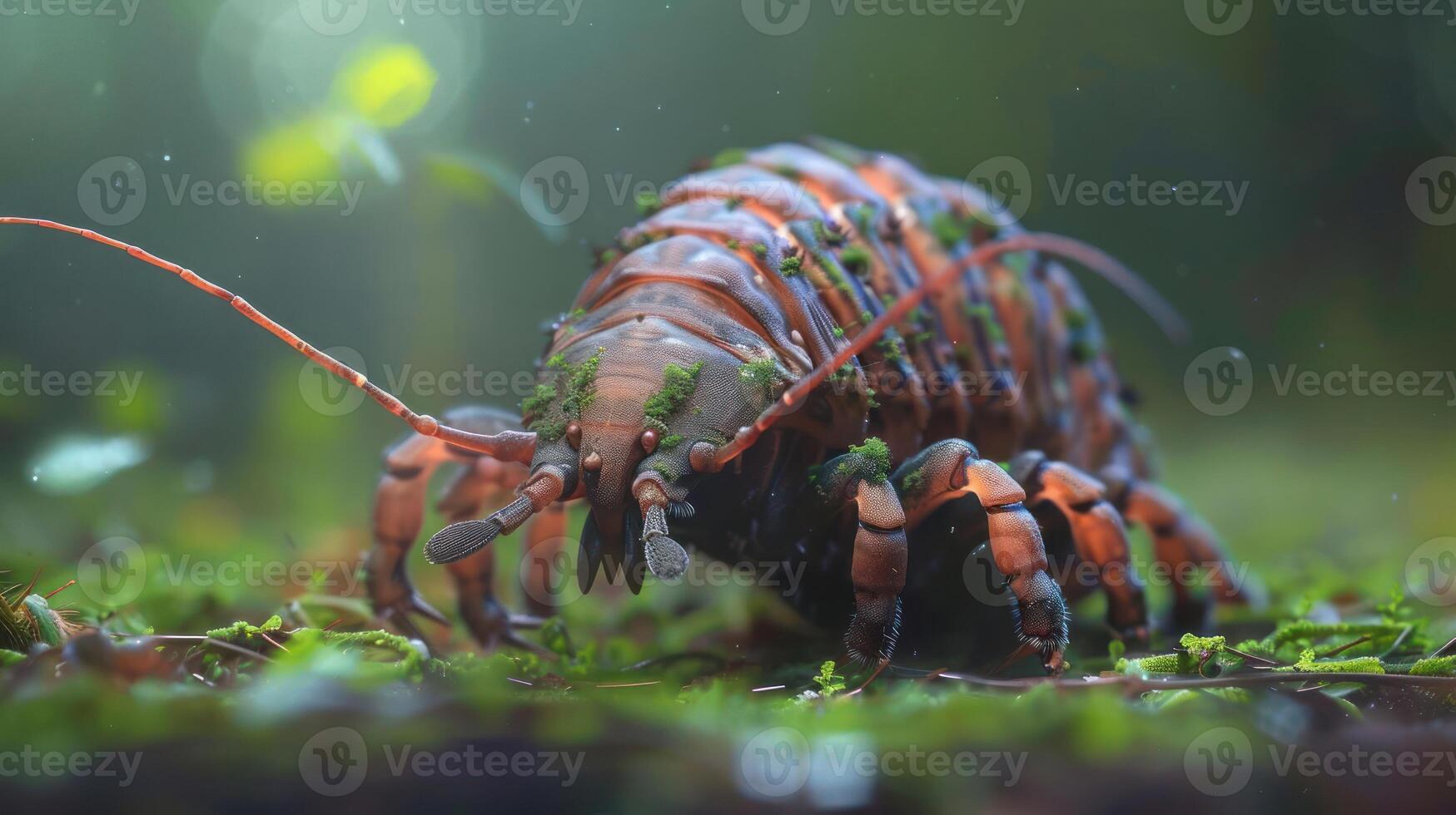 An underwater creature with red and black shell on a surface covered with green seaweed. photo
