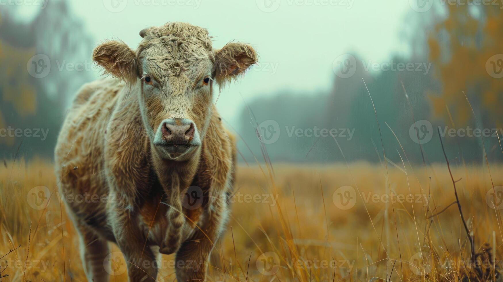The cow is walking through a field during a rainy day. photo