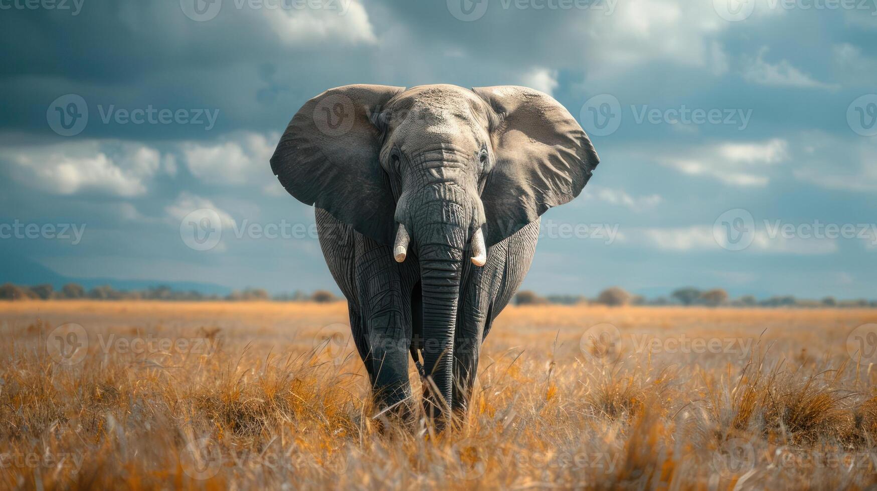 an image of a large grey elephant walking across a dry grass plain with clouds in the background. photo