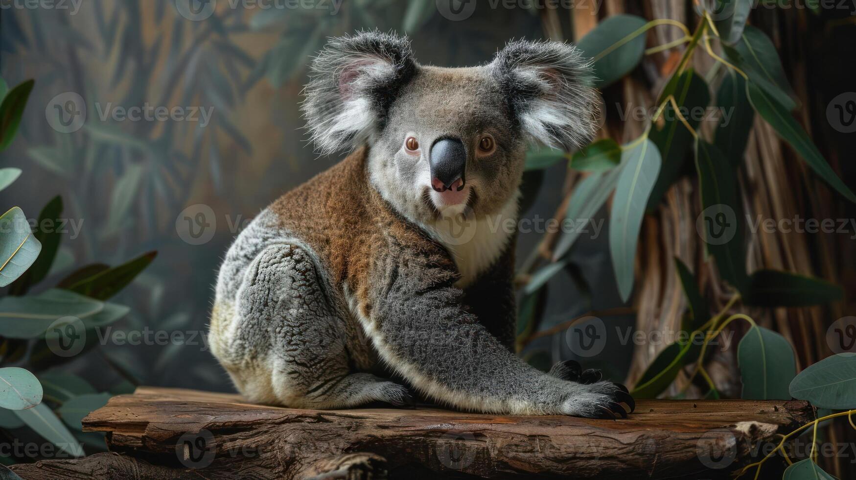 Koala sitting on a log with its eyes closed. photo