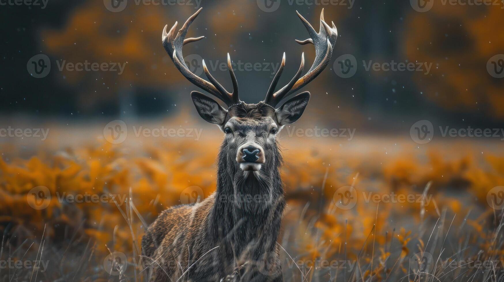 A beautiful adult deer with impressive antlers stands majestically against a backdrop of autumn foliage. photo
