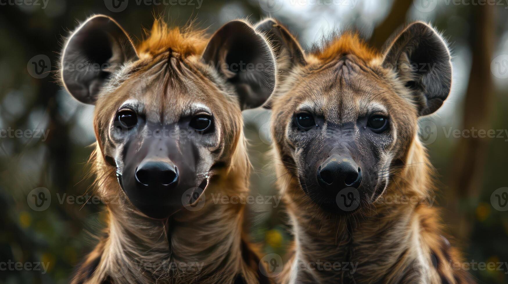 Double portrait of two hyenas facing each other with their mouths open photo