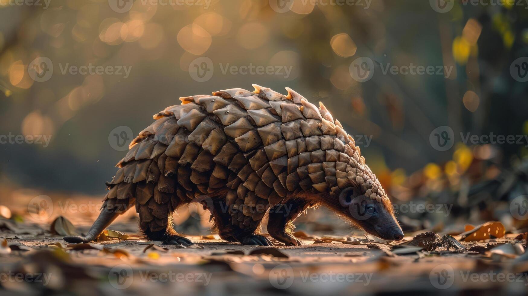 A pangolin walking through a forest during sunset with the leaves on the ground glowing orange. photo