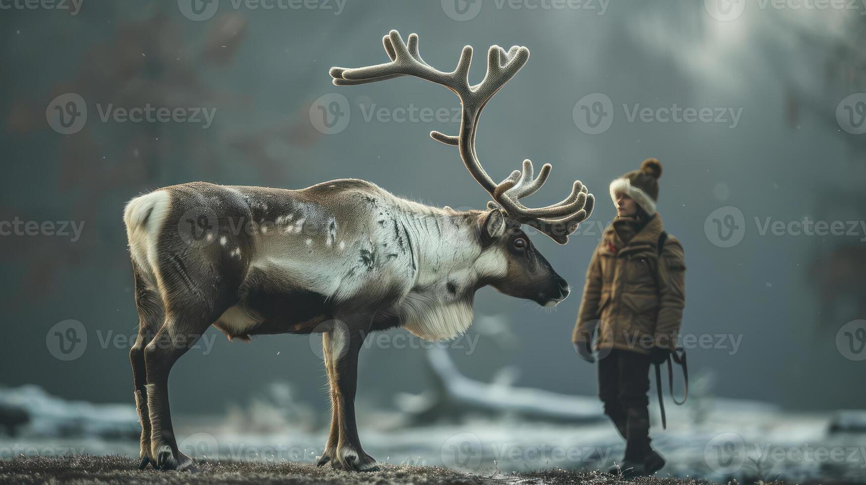 A young girl encounters a moose, creating an intimate connection between human and nature. photo