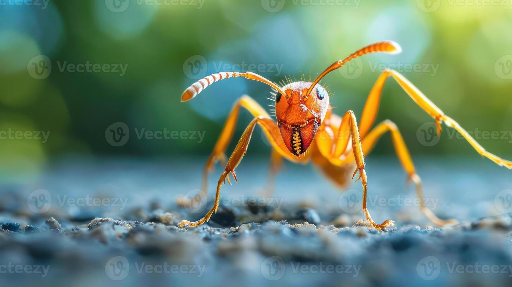 A close-up picture of a walking ant on a pavement. photo