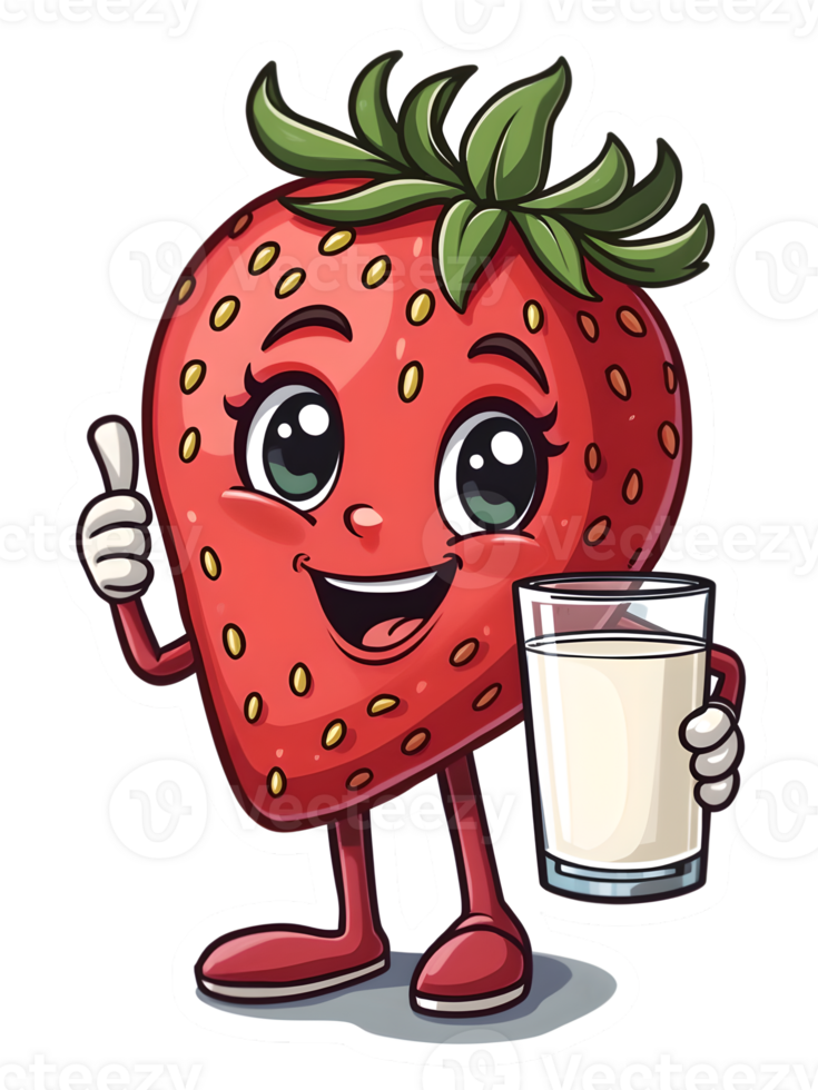 A cute smiling Strawberry holding a glass of milk in his hand png