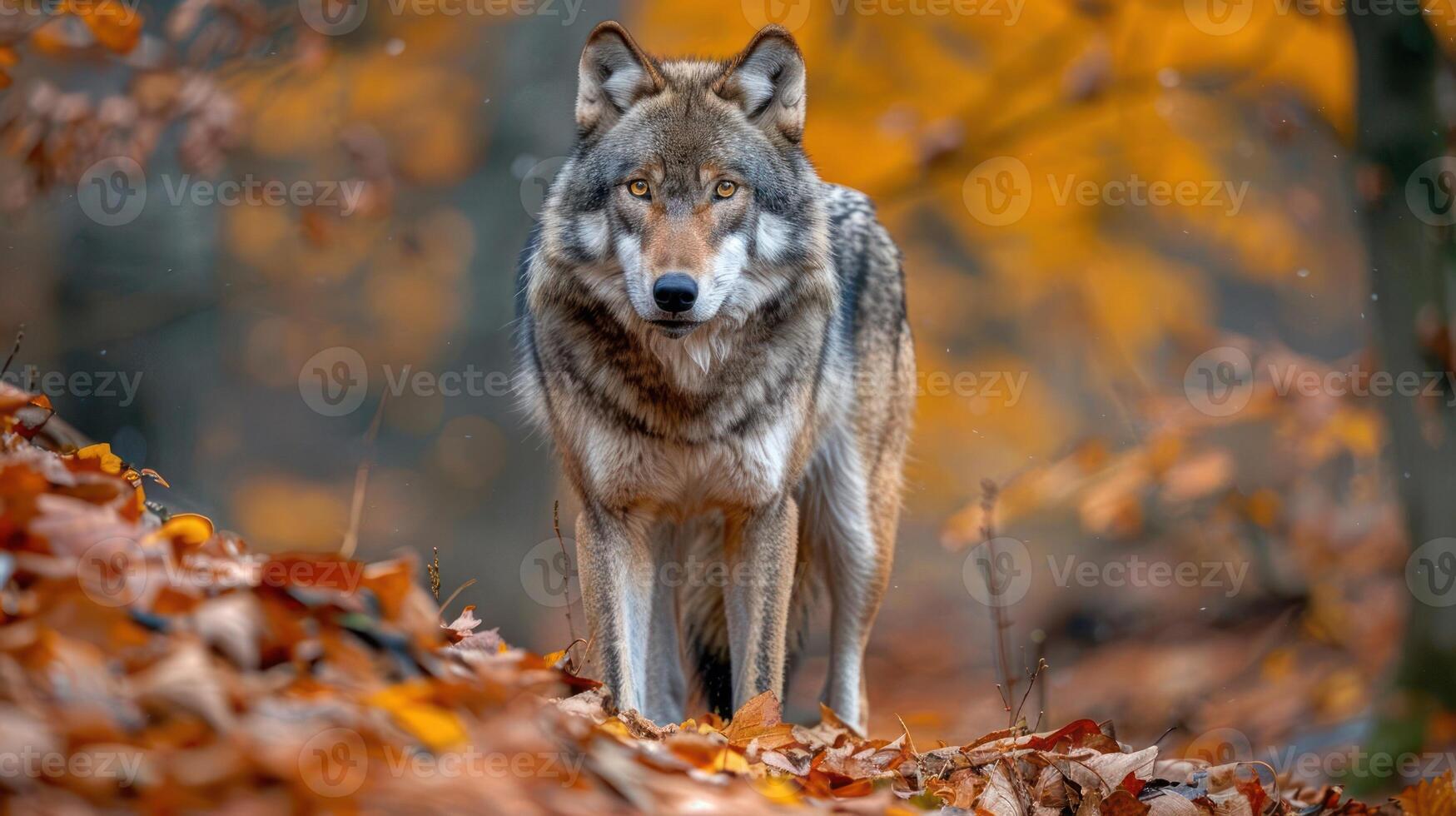A wolf walks through a fall forest. photo