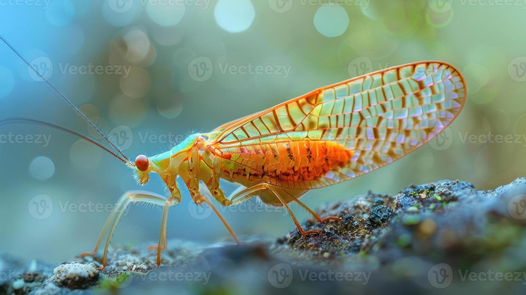 A close-up photo of a colorful insect perched on a rock.