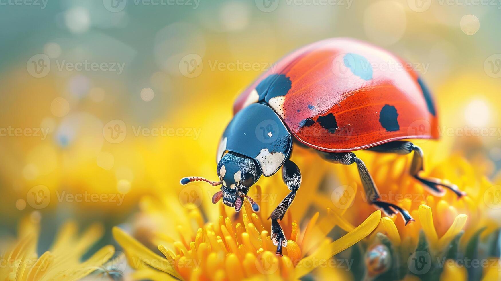a vividly colored ladybug standing on top of vibrant yellow flowers. photo