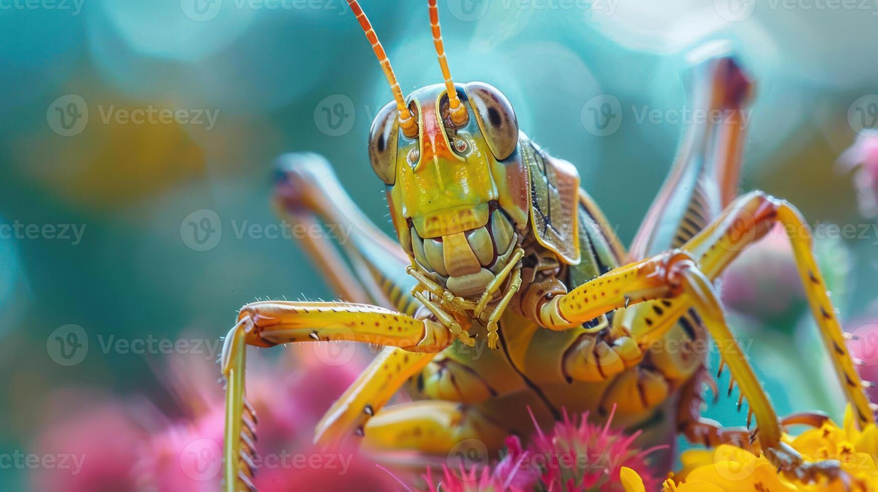 A close-up of a cicada on a flower with a blurred background. photo