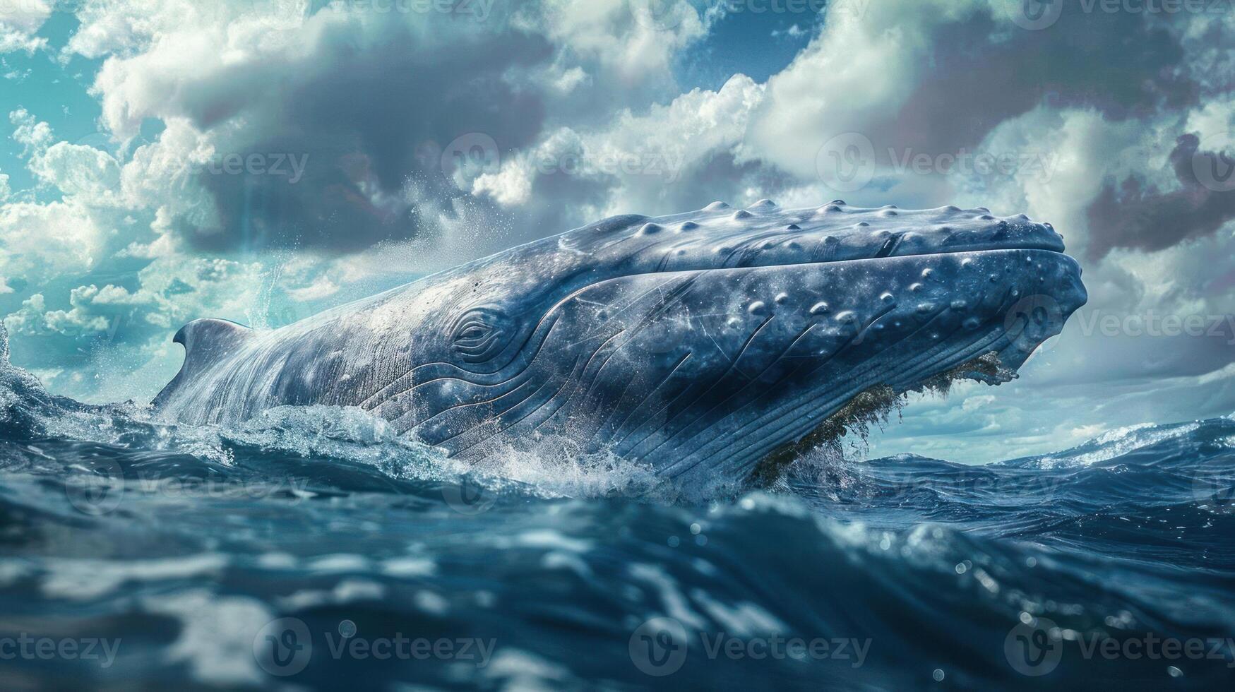 Spectacular view of a blue whale leaping out of the ocean water. photo