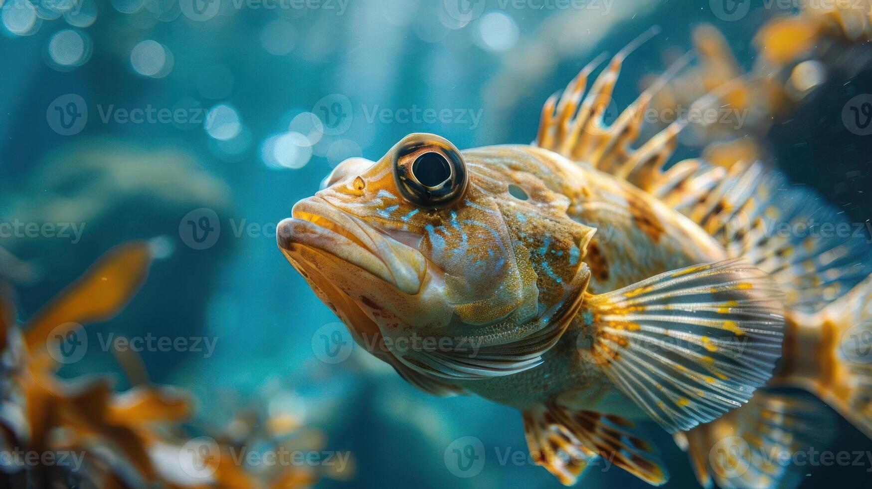 Vibrant yellow and brown fish with a prominent eye against an underwater backdrop. photo
