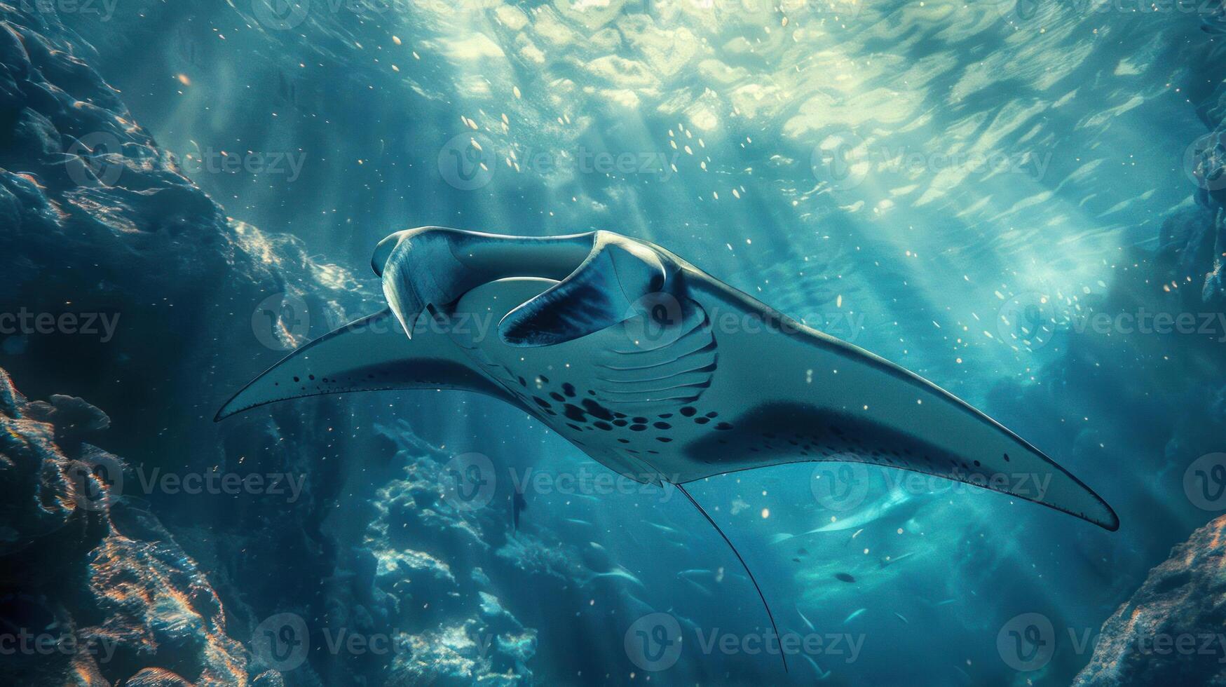 A stingray swimming in the deep ocean. photo