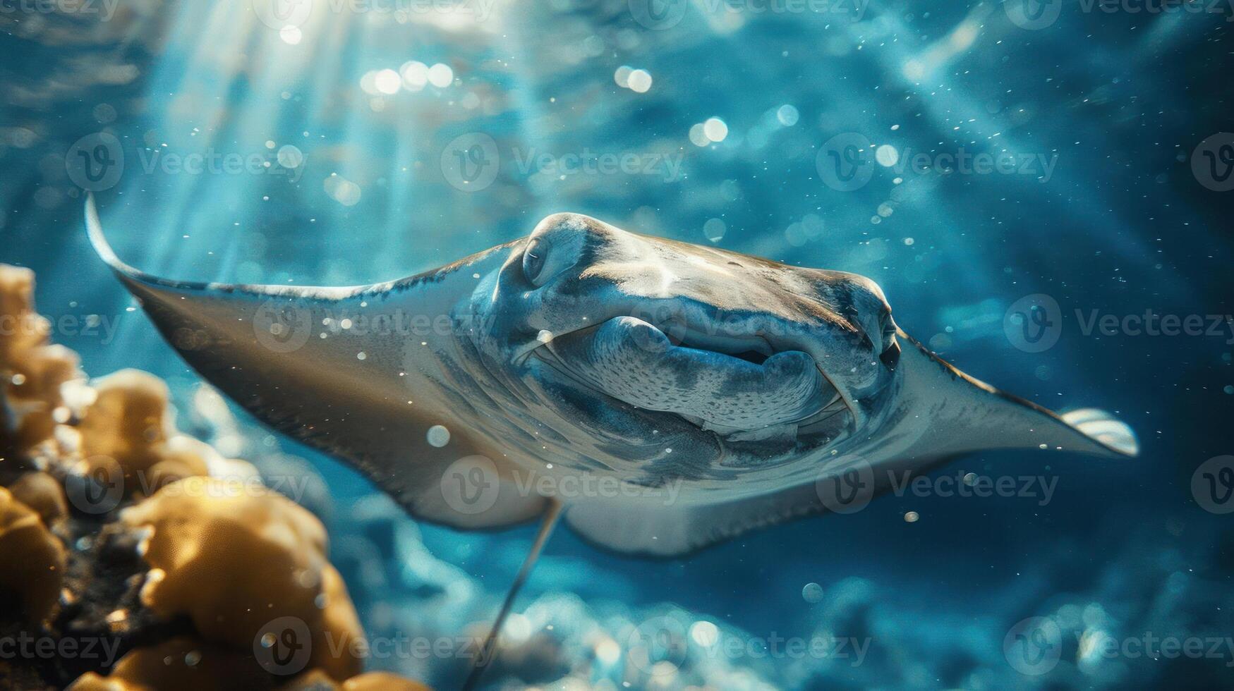 A close-up view of a stingray swimming under water. photo