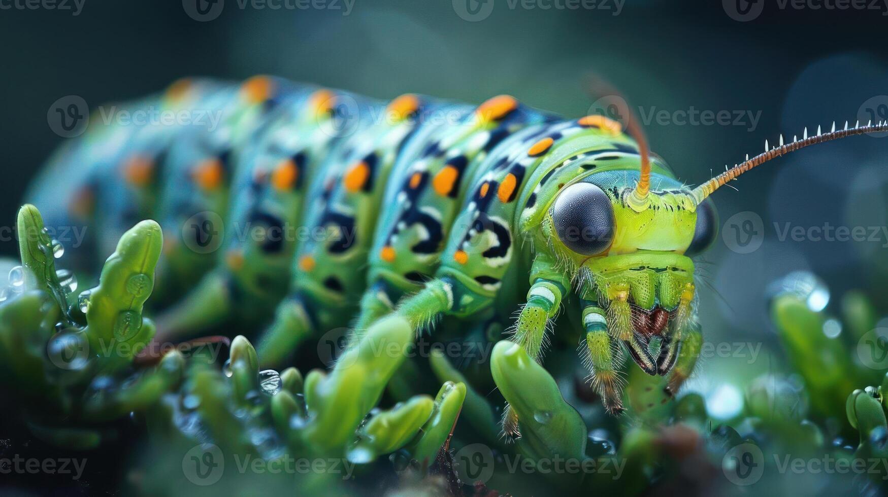 Small yellow and green insect on a plant leaf with drops of water around it. photo