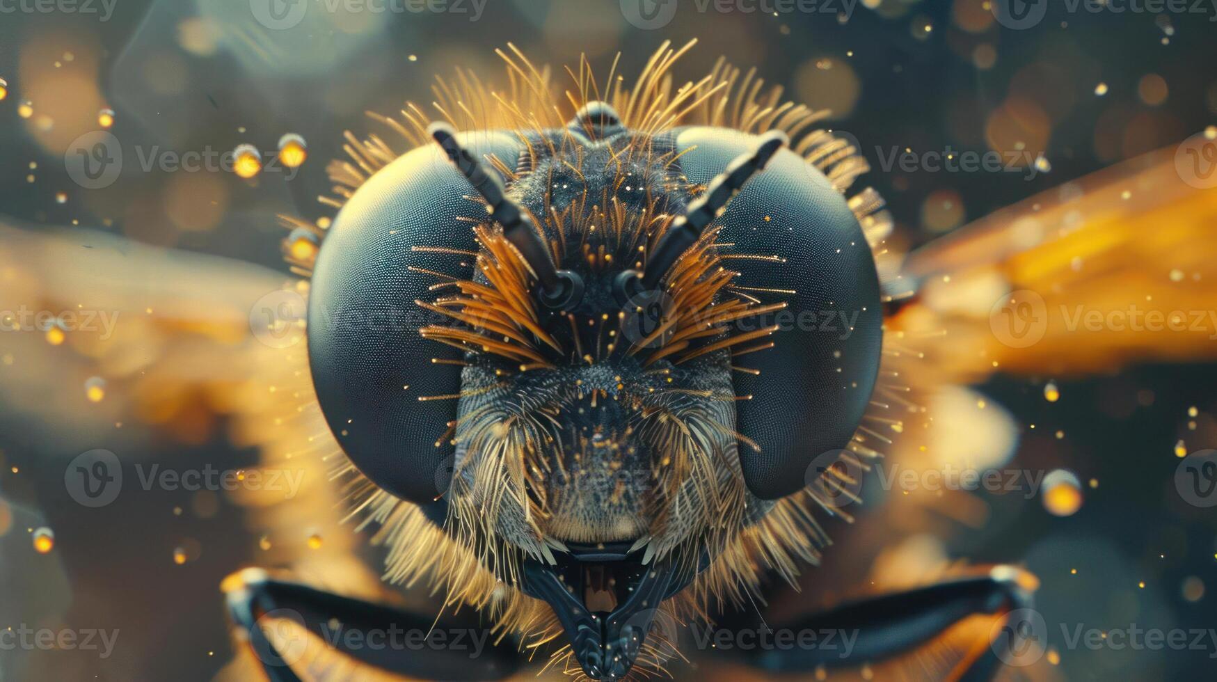 A close-up photograph of a bee's head adorned with honey. photo