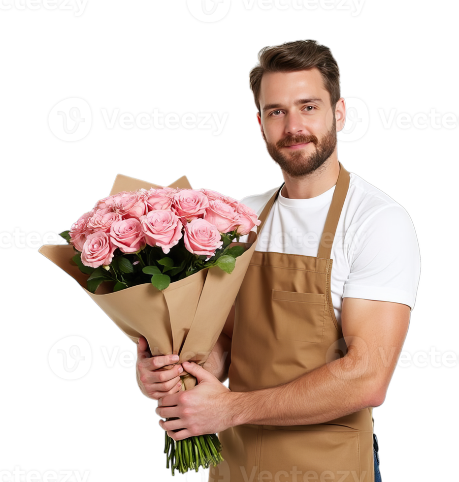 Smiling florist in a light brown apron holding a bouquet of pink roses wrapped in craft paper on a transparent background, Flower delivery concept png