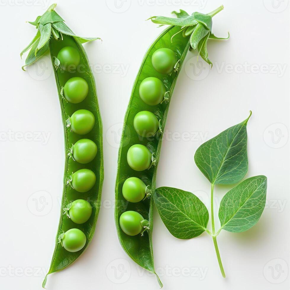 A photograph of green pea pods, some open to reveal the green peas inside, photo