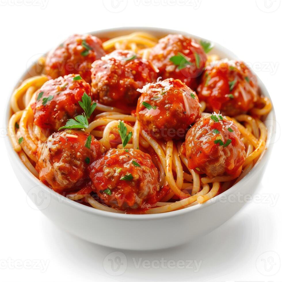 A bowl of spaghetti with red tomato sauce and meatballs. photo