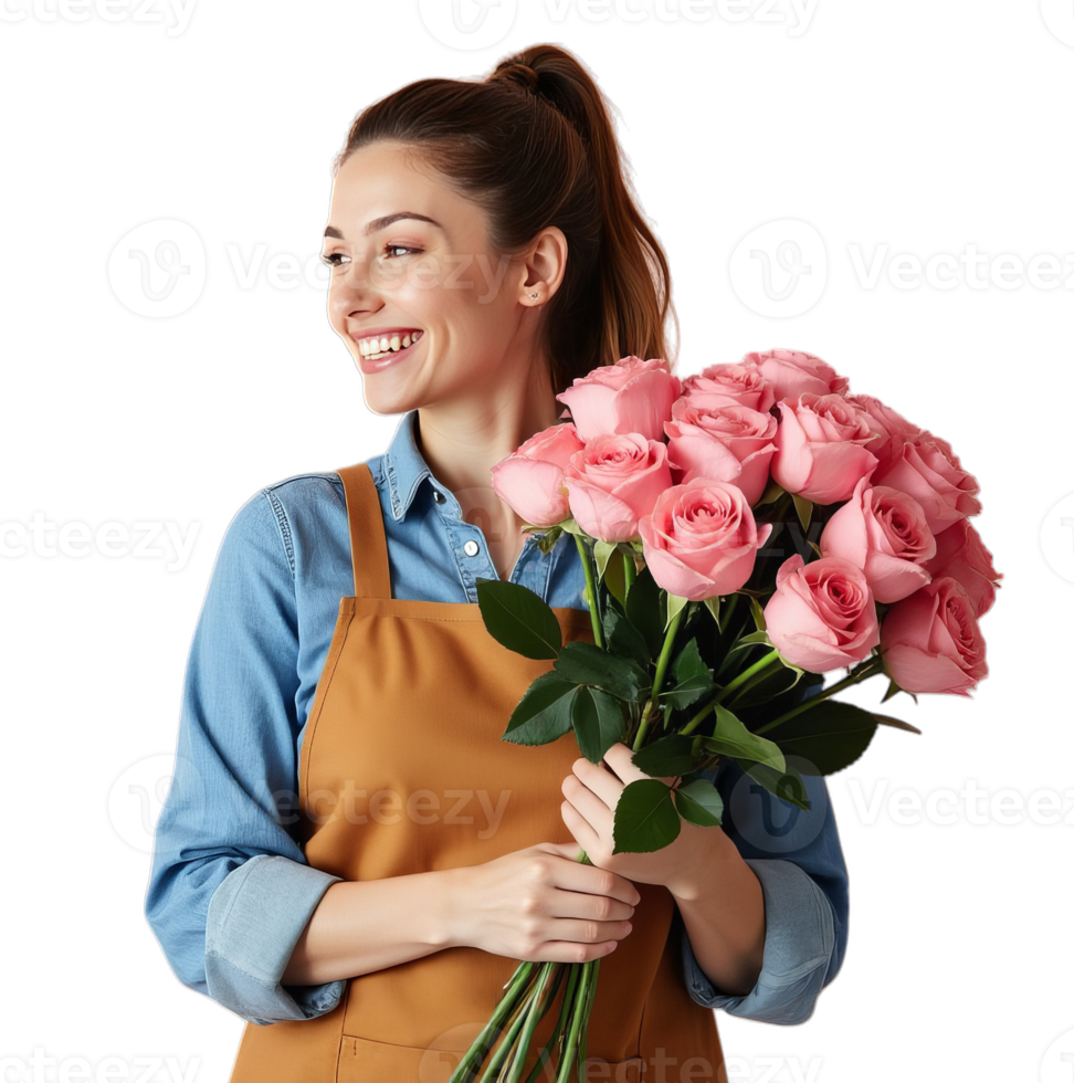 Smiling woman in a denim shirt and apron holding a bouquet of pink roses. Bright and cheerful on a transparent background, Flower delivery concept png