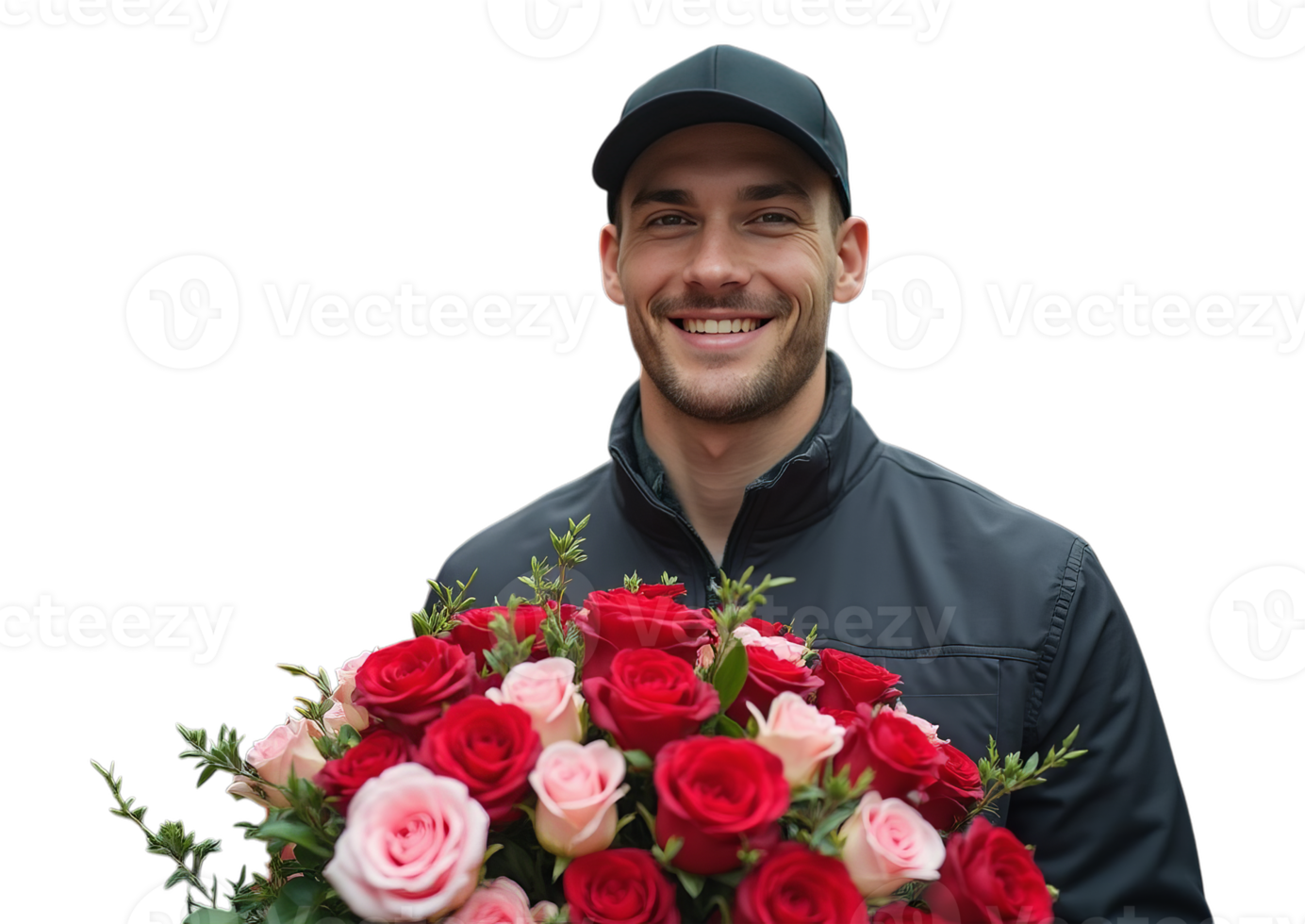 Close-up of a smiling man in a black cap and jacket holding a bouquet of red and pink roses, isolated on a transparent background. Flower delivery concept png