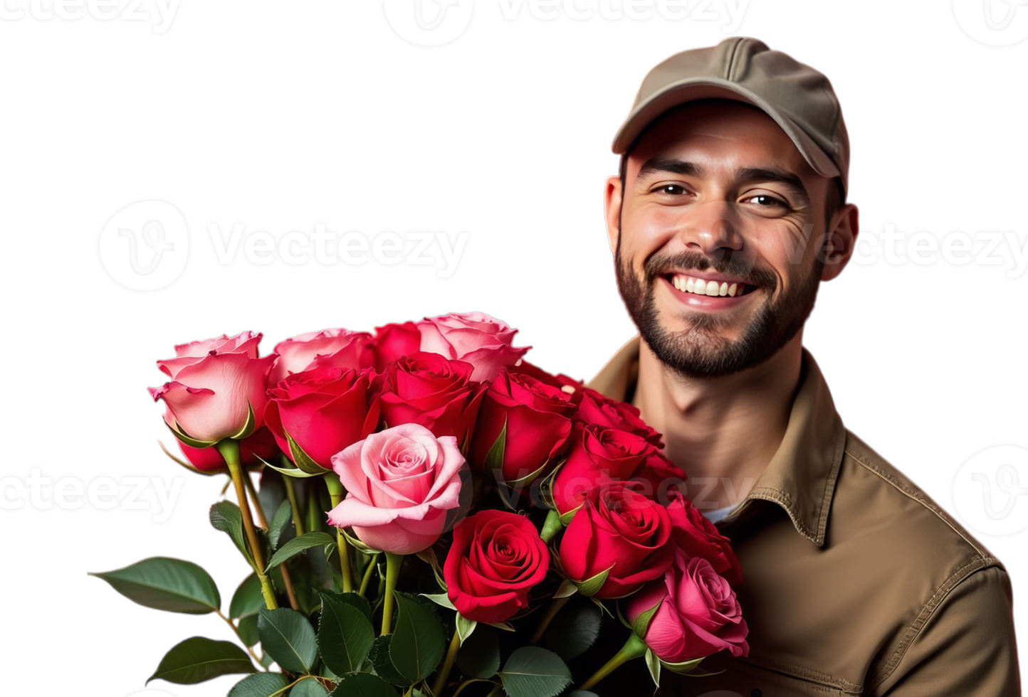 Man courier holding vibrant red and pink roses, isolated on transparent background. Concept of joy and romance png