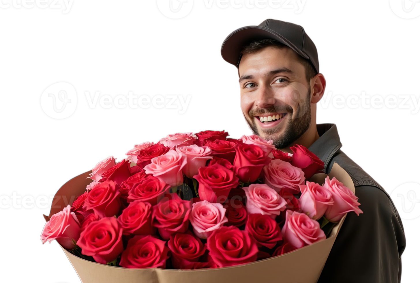 Smiling man in a cap holding a large bouquet of red and pink roses, isolated on transparent background, Flower delivery concept. png