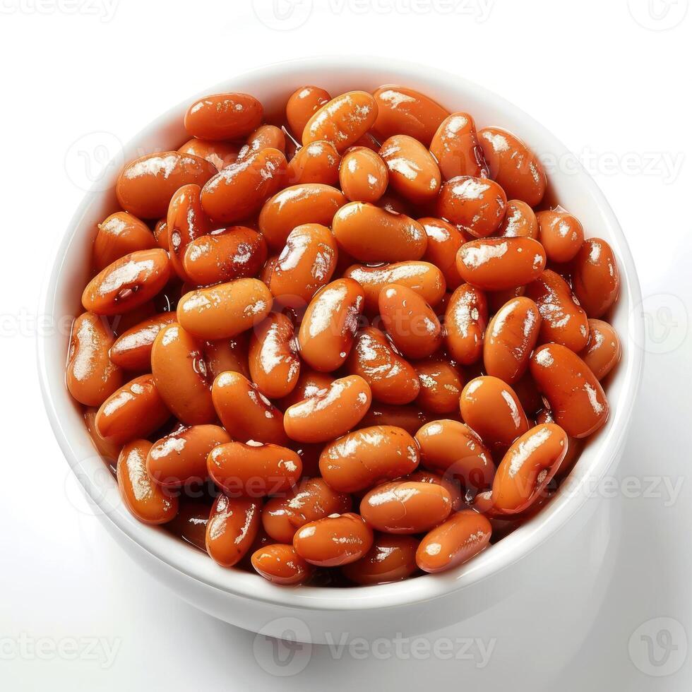 A glass bowl filled with pork and beans. The beans are pureed and ready to eat. photo