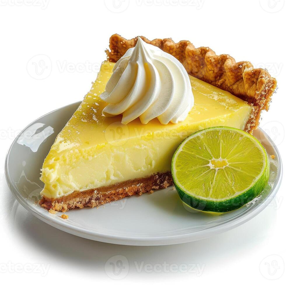 A scrumptious slice of key lime pie on a plate with a wedge of lime and whipped cream. photo