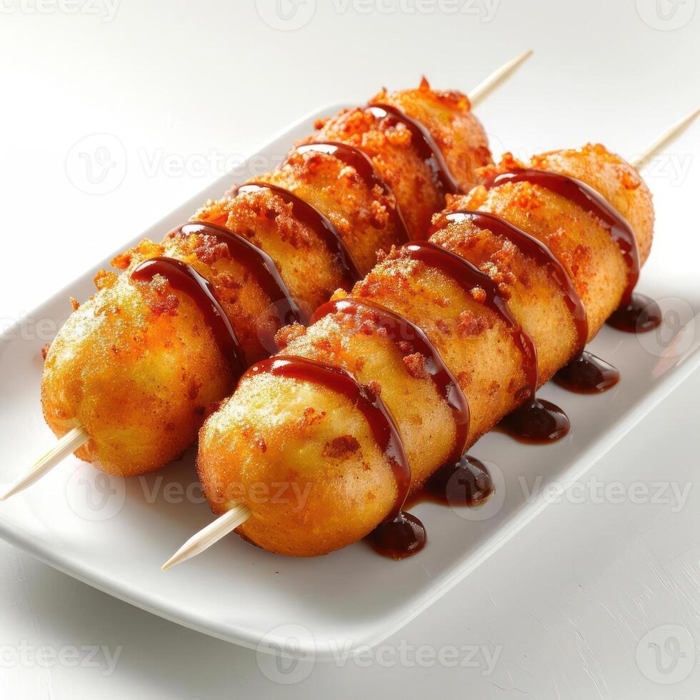 A plated dish of grilled corn on the cob topped with barbecue sauce and seasoning. photo