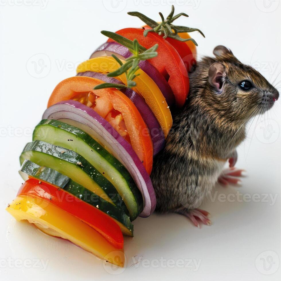 A picture of a mouse sitting in between vegetables with a variety of colors and flavors. photo