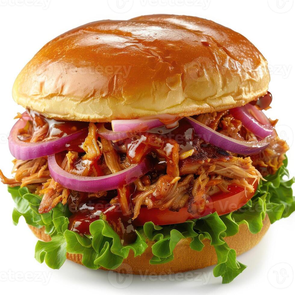 Delicious slow cooked barbecue pulled pork in a golden bun topped with coleslaw, photo