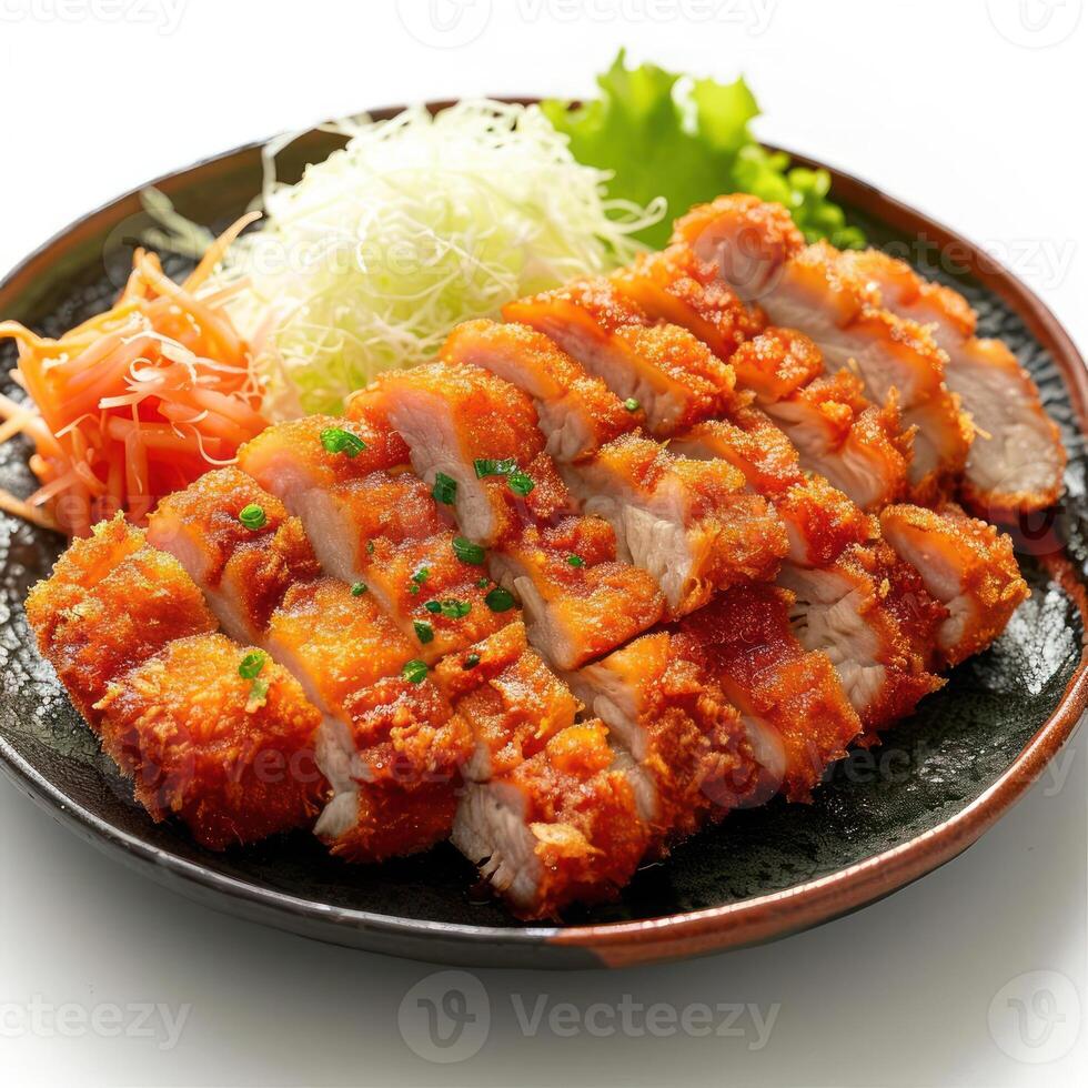 A plate of sushi containing katsu, salads, and a garnish on top. photo