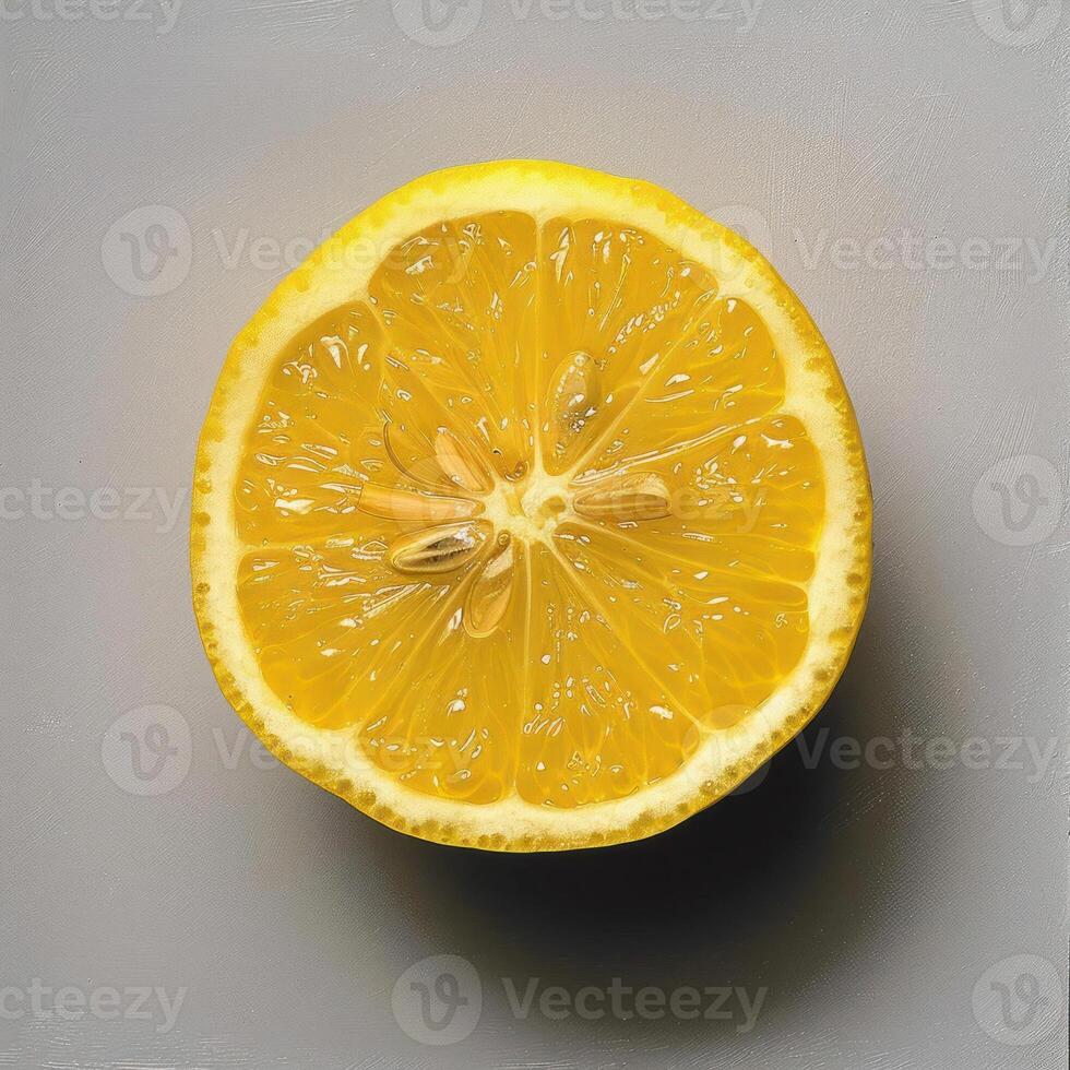 A yellow lemon slice with visible oil droplets and a thin brown zest on top. photo