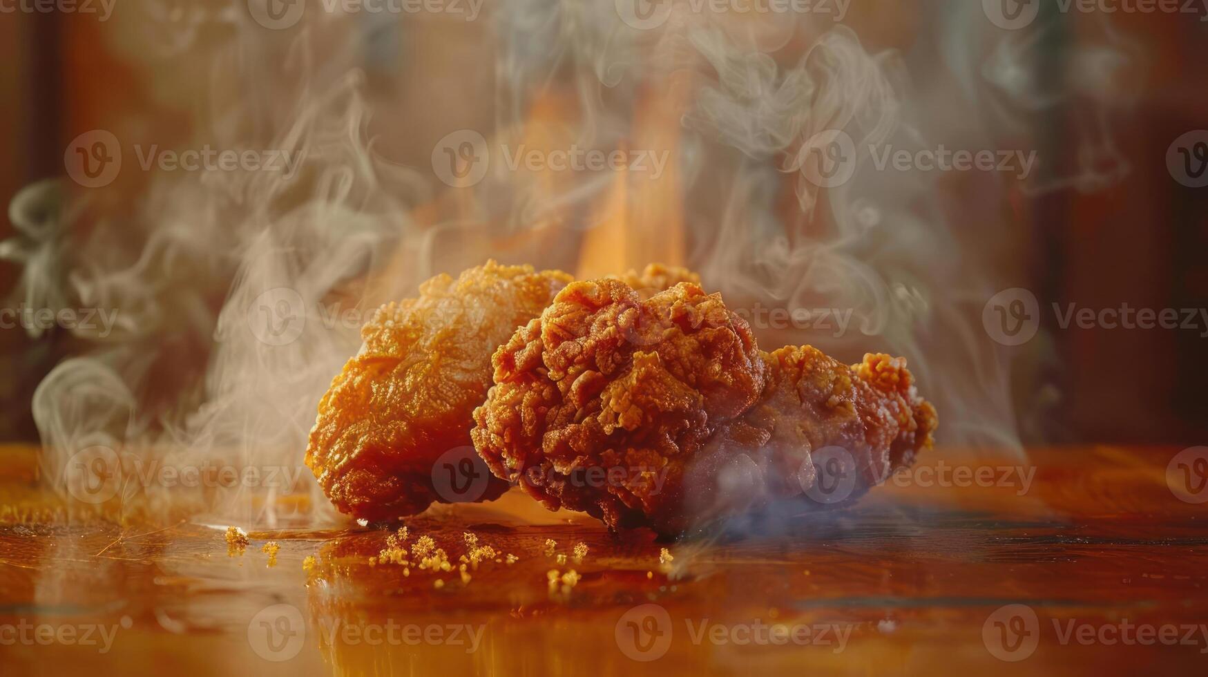 a fried chicken on a table with smoke coming out of it photo