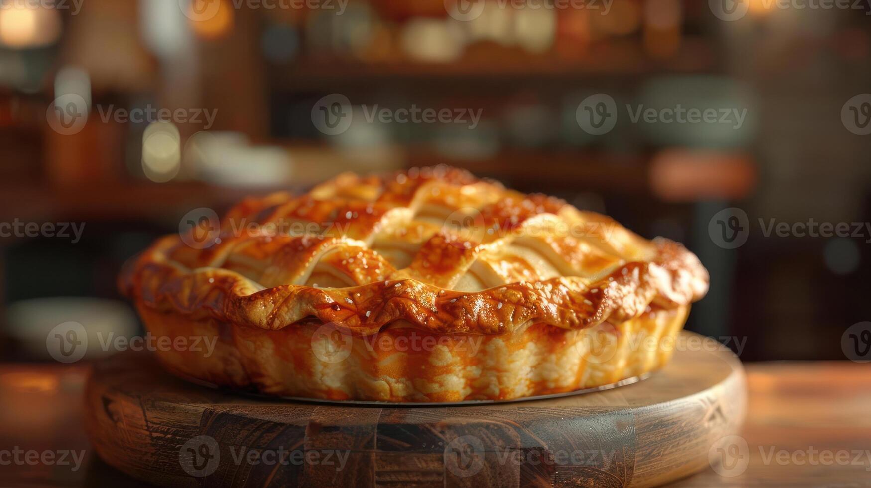 a pie on a wooden plate on a table photo