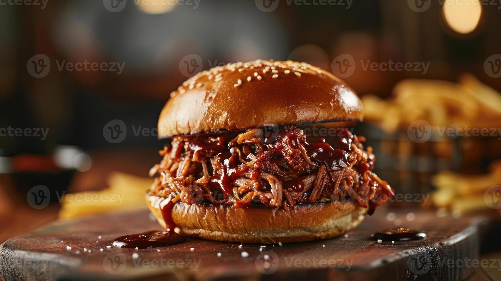 a pulled pork sandwich with barbecue sauce on a wooden board photo