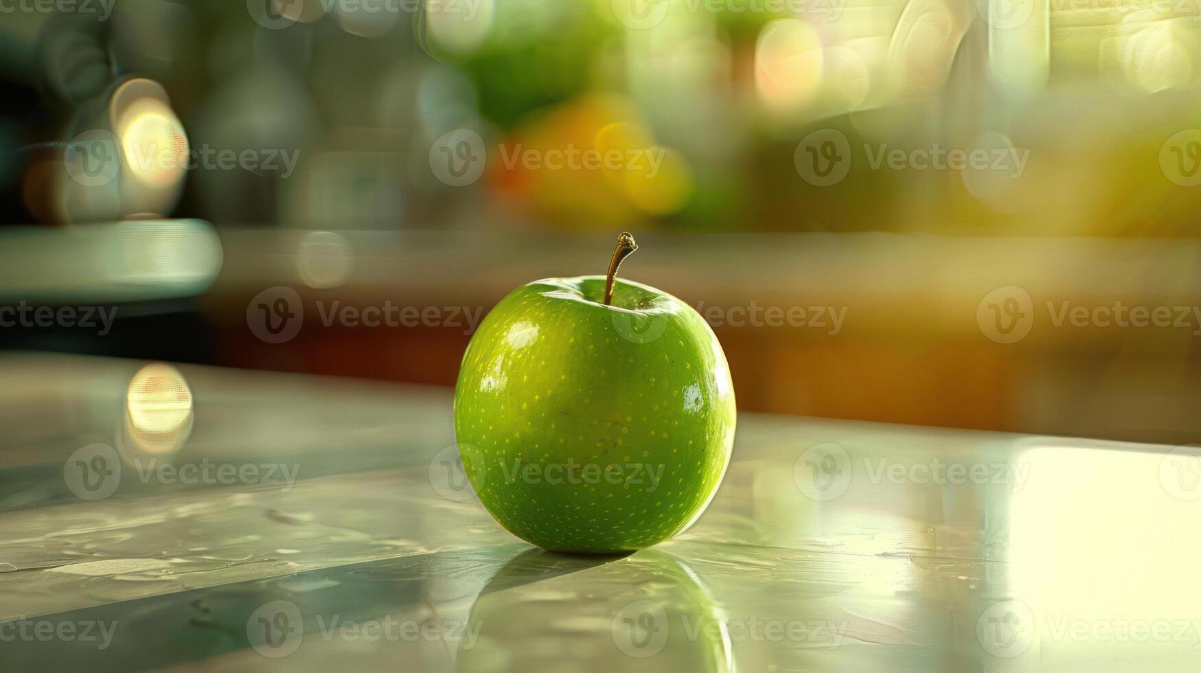 a green apple sitting on a counter top photo