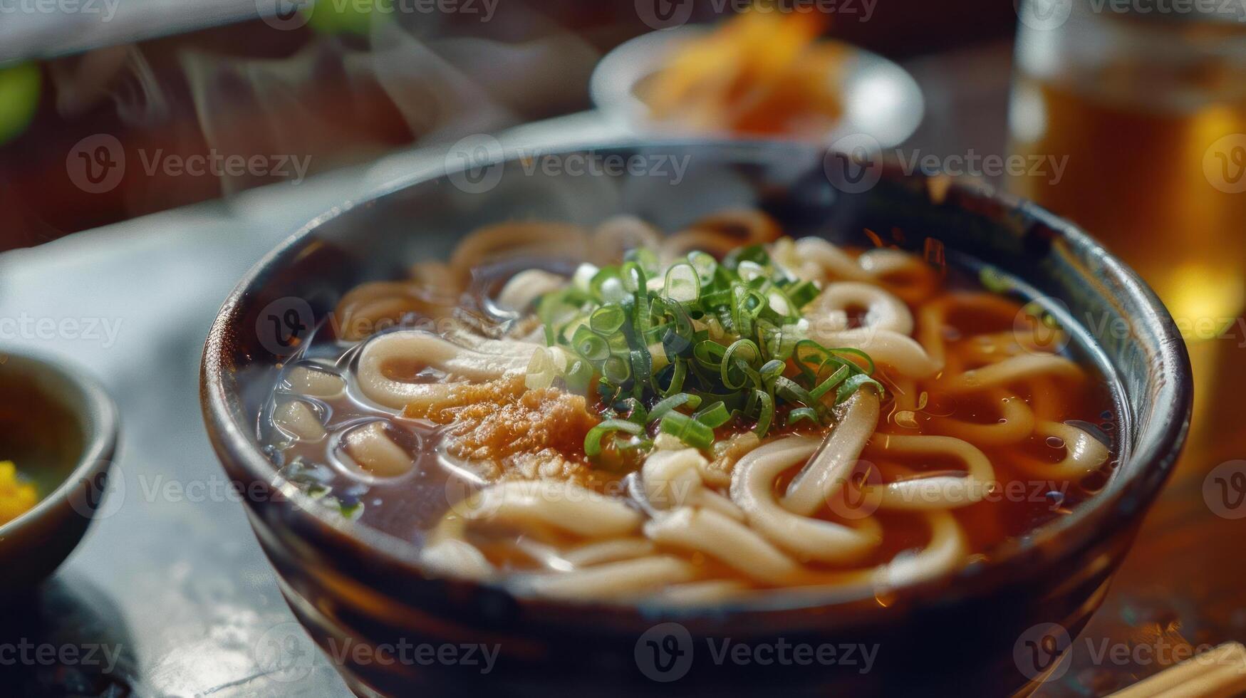 A bowl of noodles with chopsticks and broth photo