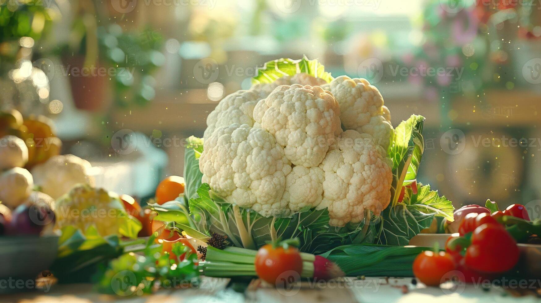 a cauliflower and other vegetables on a table photo