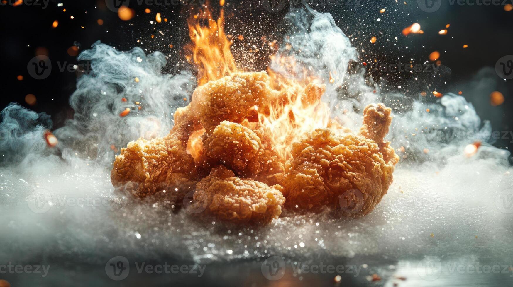Chicken bites blowing up in a cloud of flame, with the words 'CHICKEN EXPLOSION' photo