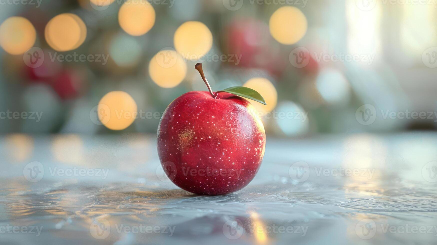 a red apple with a leaf on it sitting on a table photo