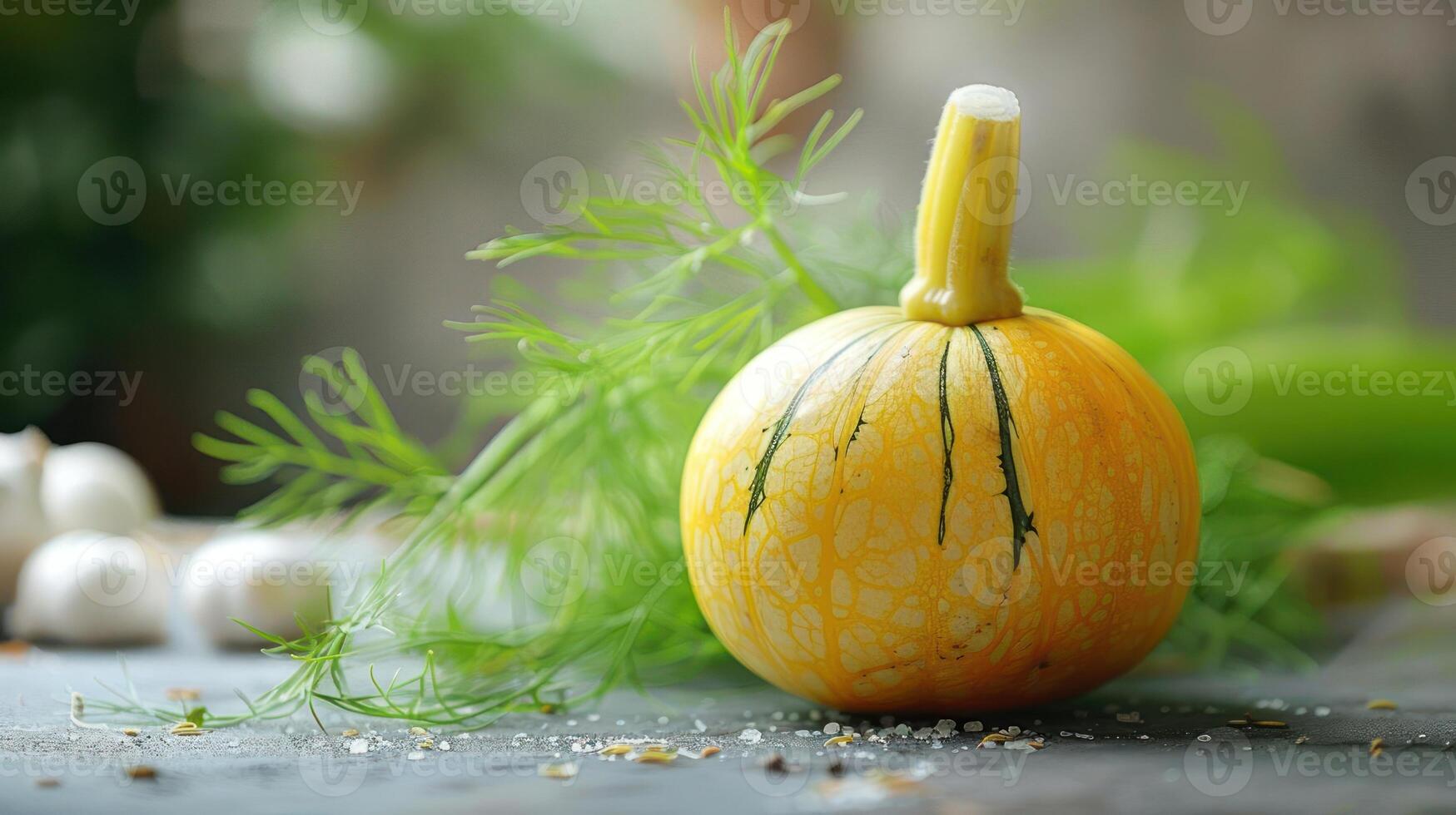a small yellow squash sitting on a table with garlic photo