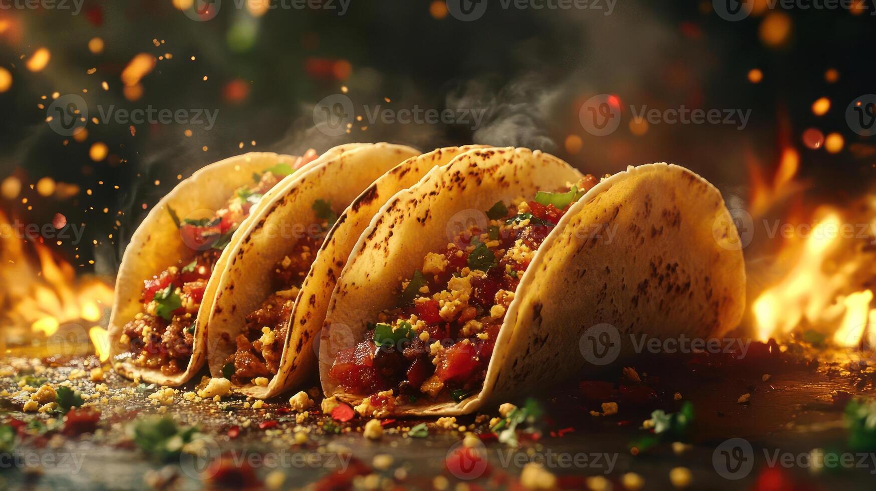 A close-up of delicious tacos with a fiery touch, photo
