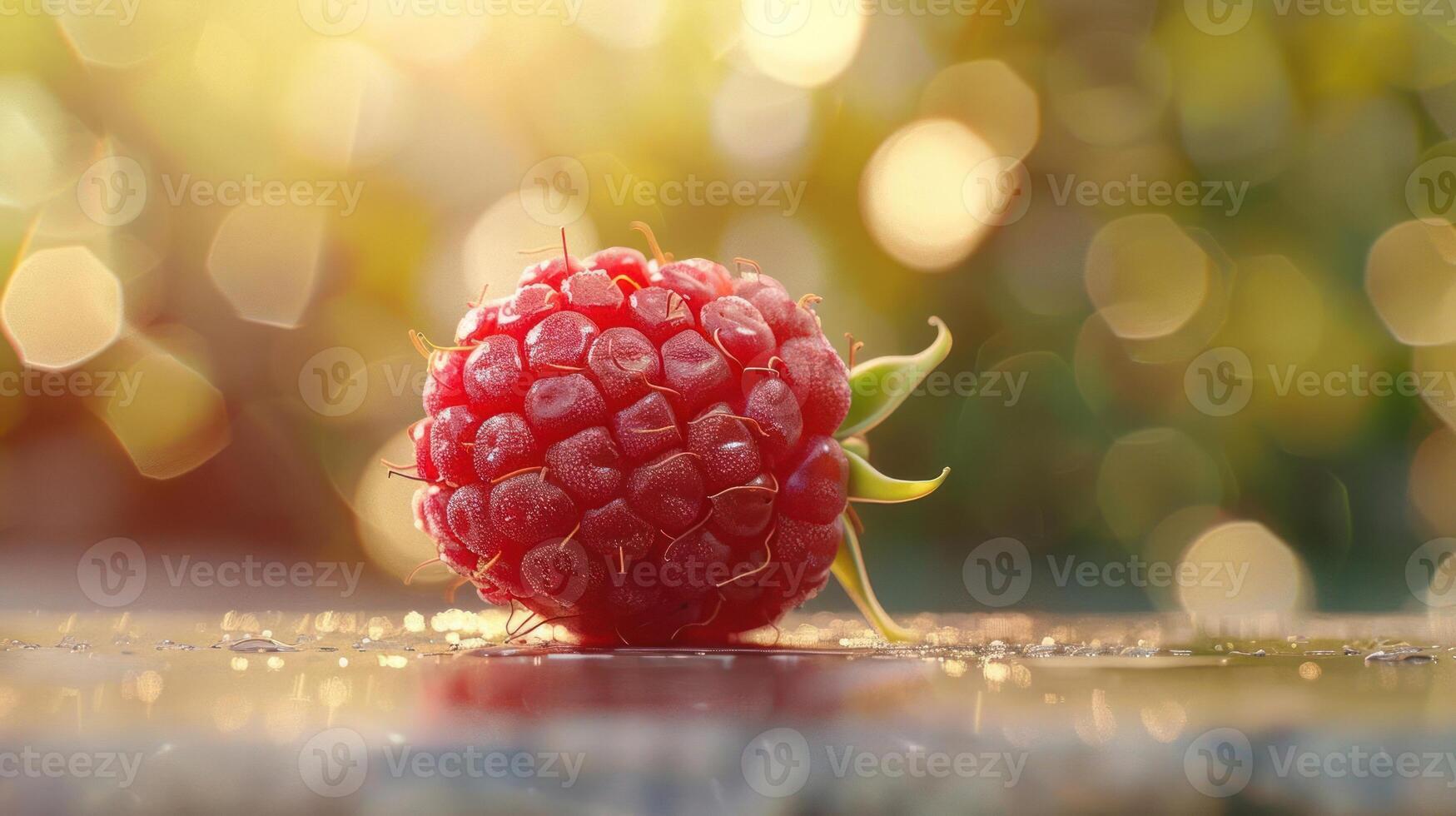 A raspberry is sitting on a table with a blurry background photo
