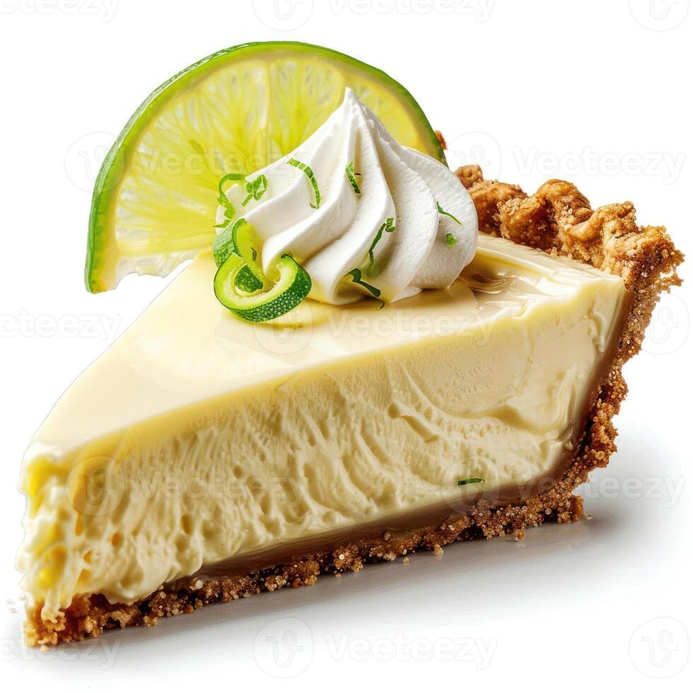 A delicious looking dessert served with a slice of key lime pie, a garnish of sliced limes, photo